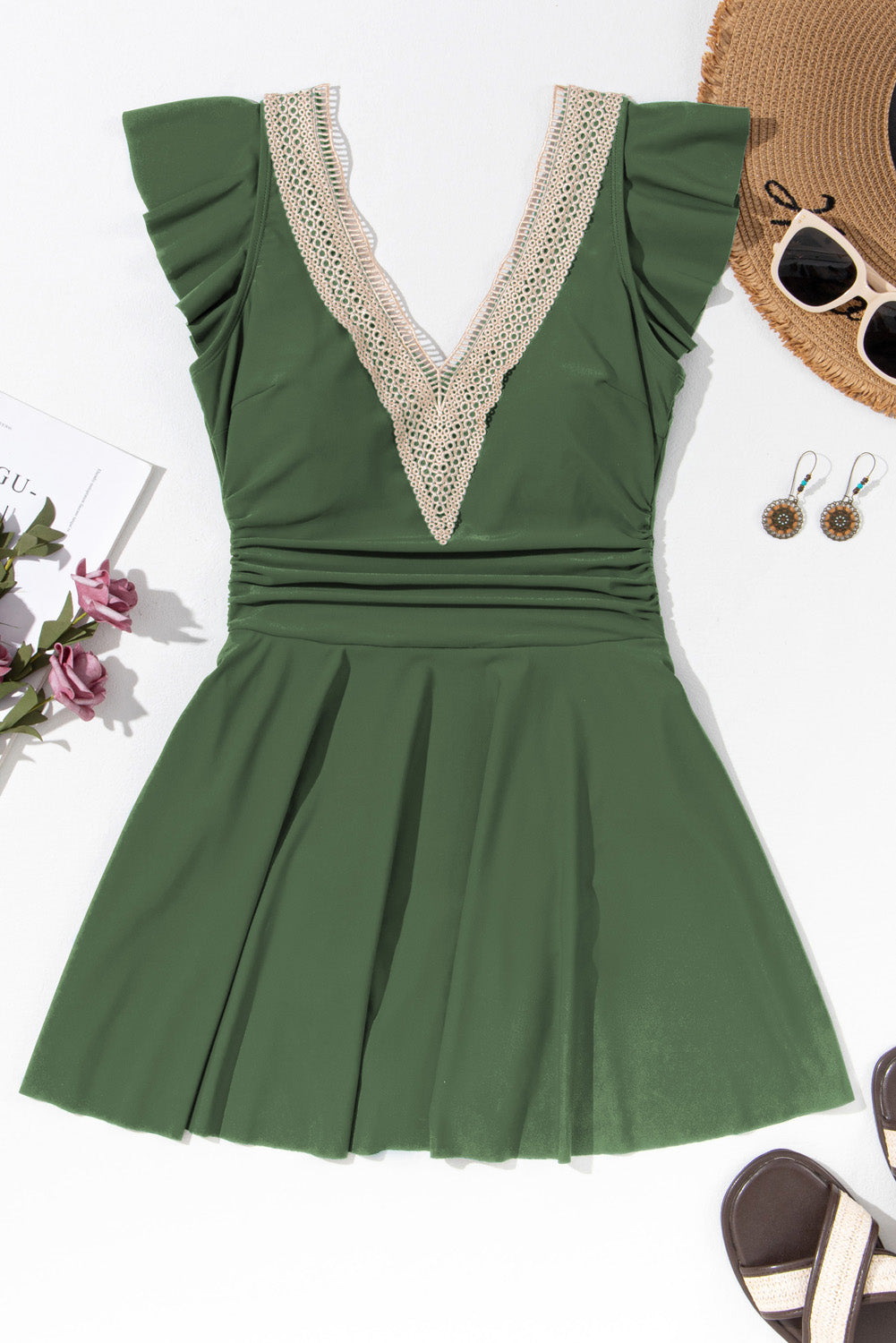 Ruffled Short-Sleeved Lace Trim V-Neck One Piece Swim Dress in Mist Green