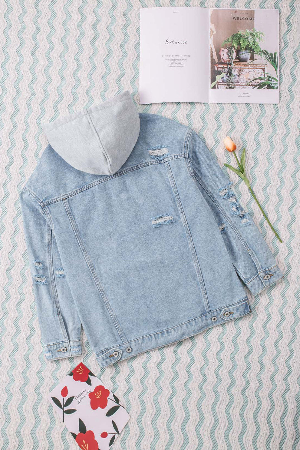 Women's Ripped Hooded Button Closure Denim Jacket