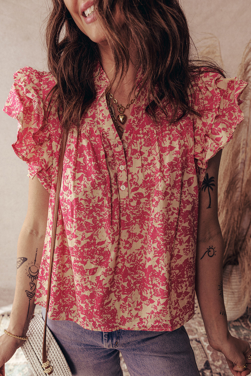 Half Allover Printed Button Neck Ruffle Sleeve Blouse