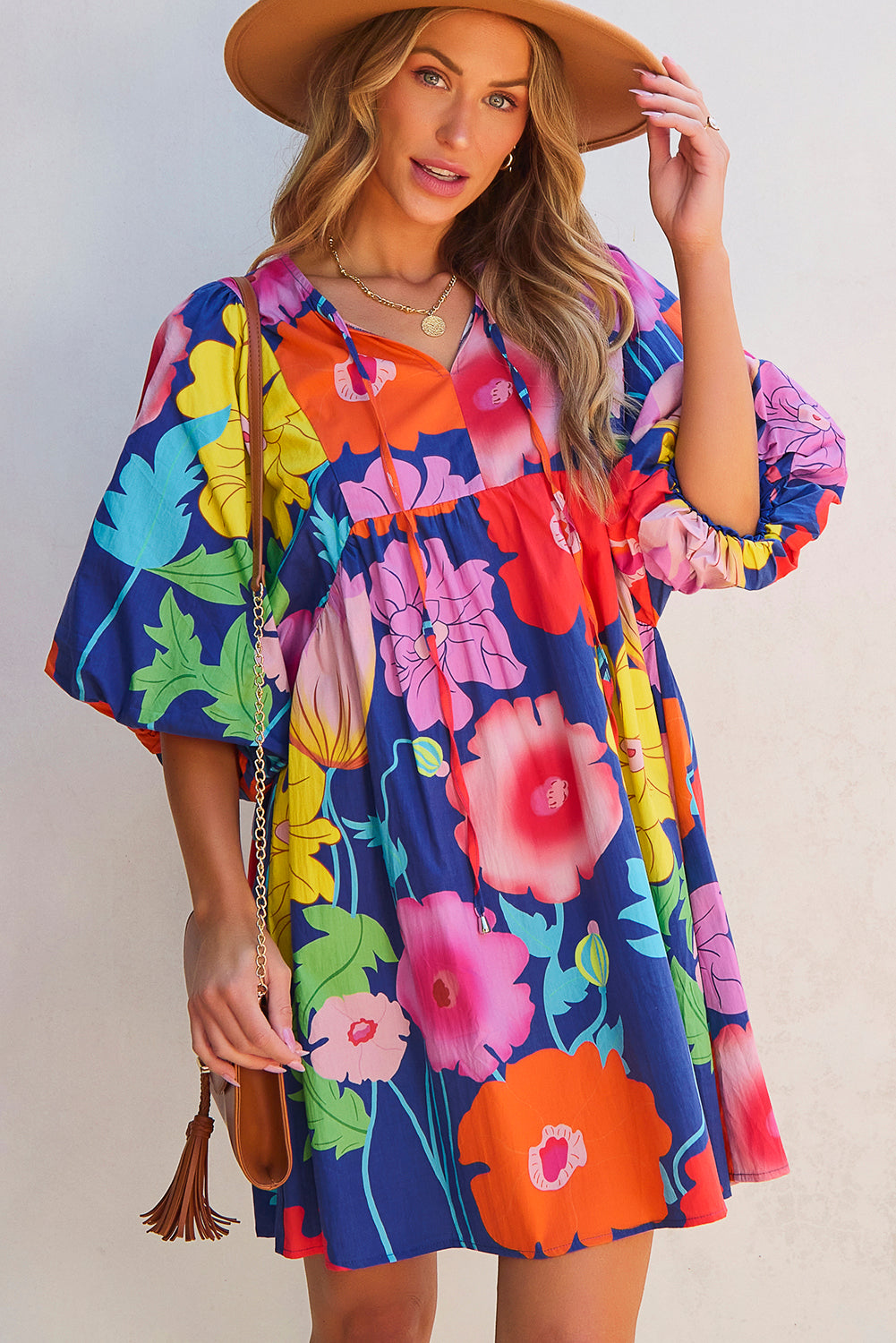 Floral-Print Split Neck Babydoll Dress