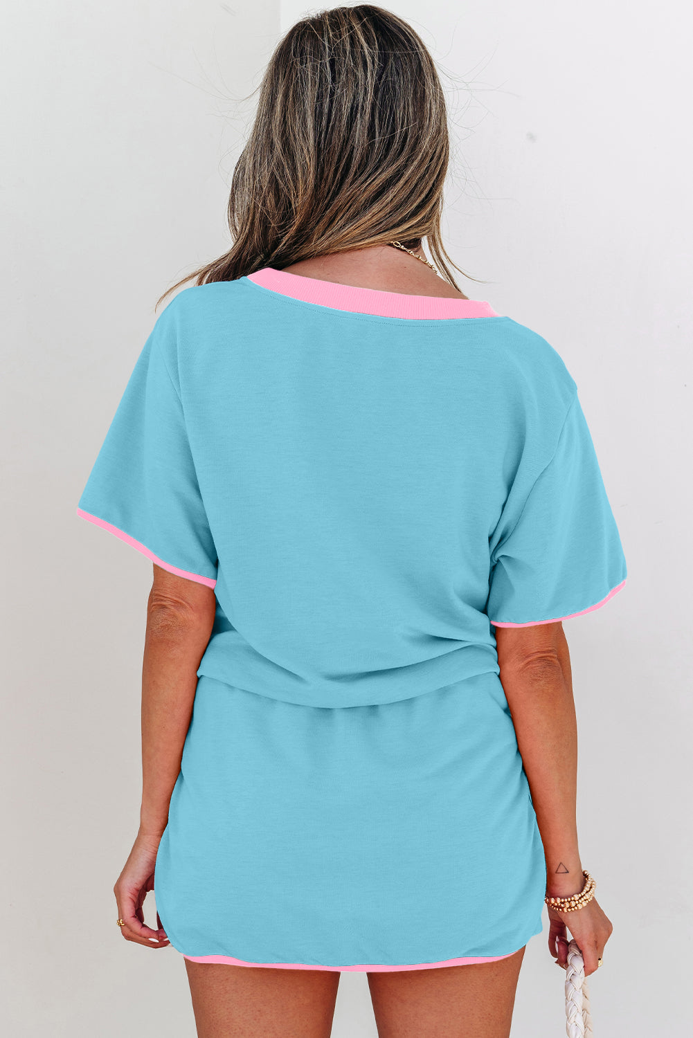 Colorblock Edge Turquoise Edge Drop-Shoulder T Shirt and Skort 2-Piece Outfit
