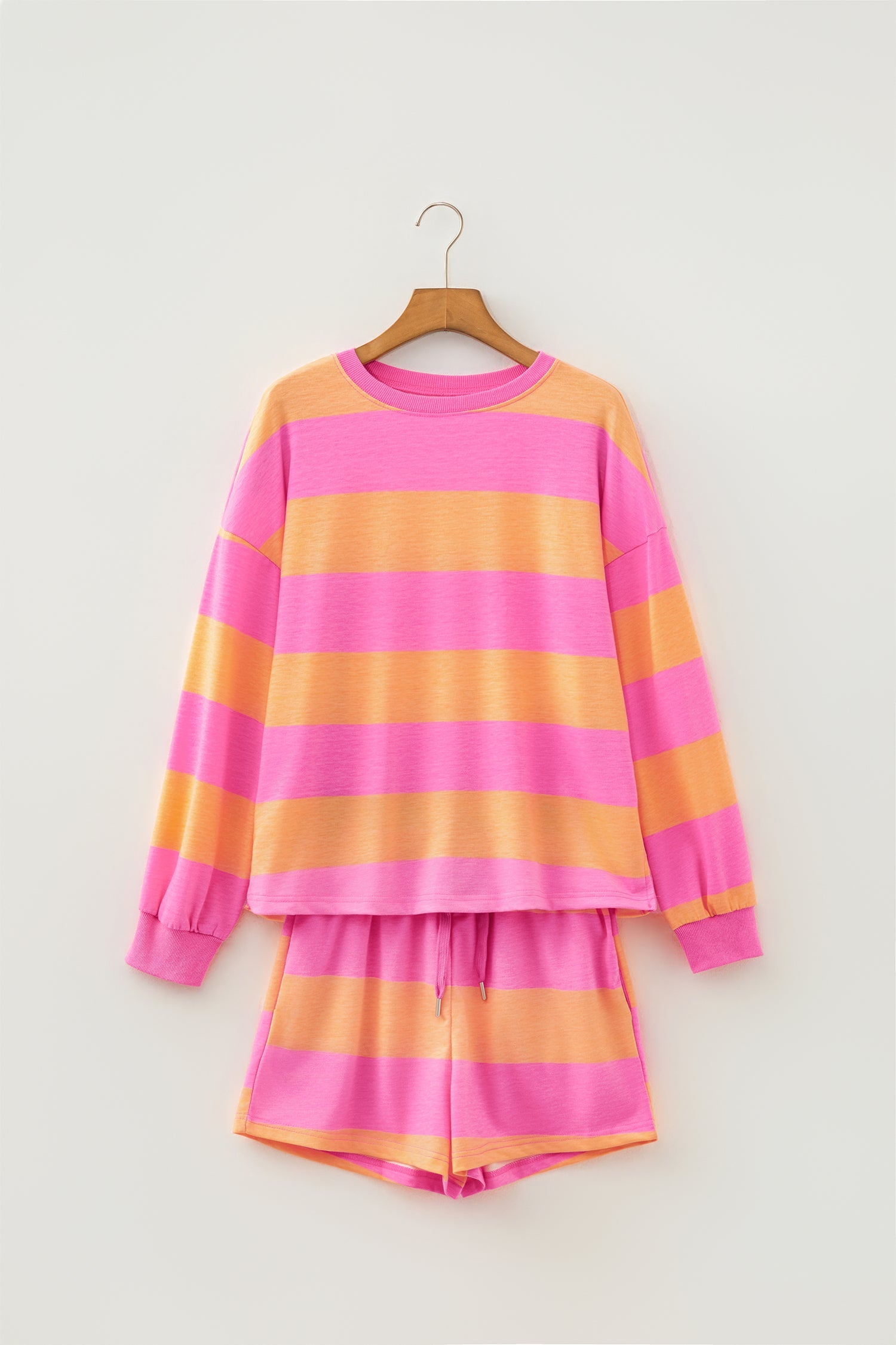 Stripe Top Long-Sleeved Everyday Drawcord Shorts 2-Piece Outfit in Pink