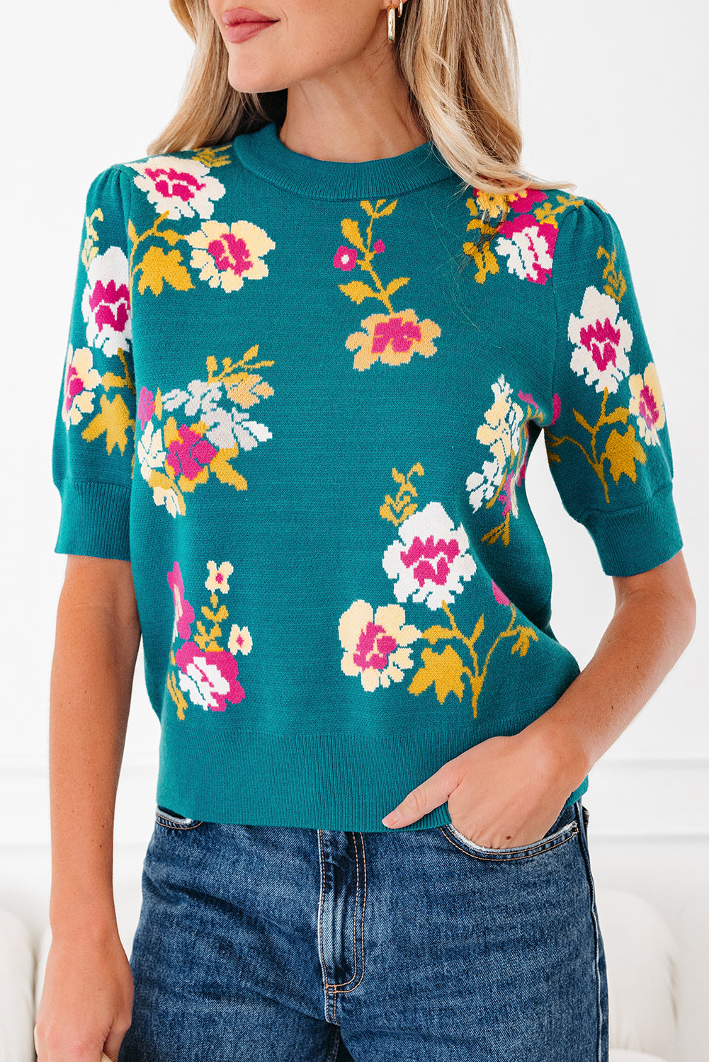 Pattern Mock-Neck Flower Mock-Neck Short-Sleeved Knit T Shirt