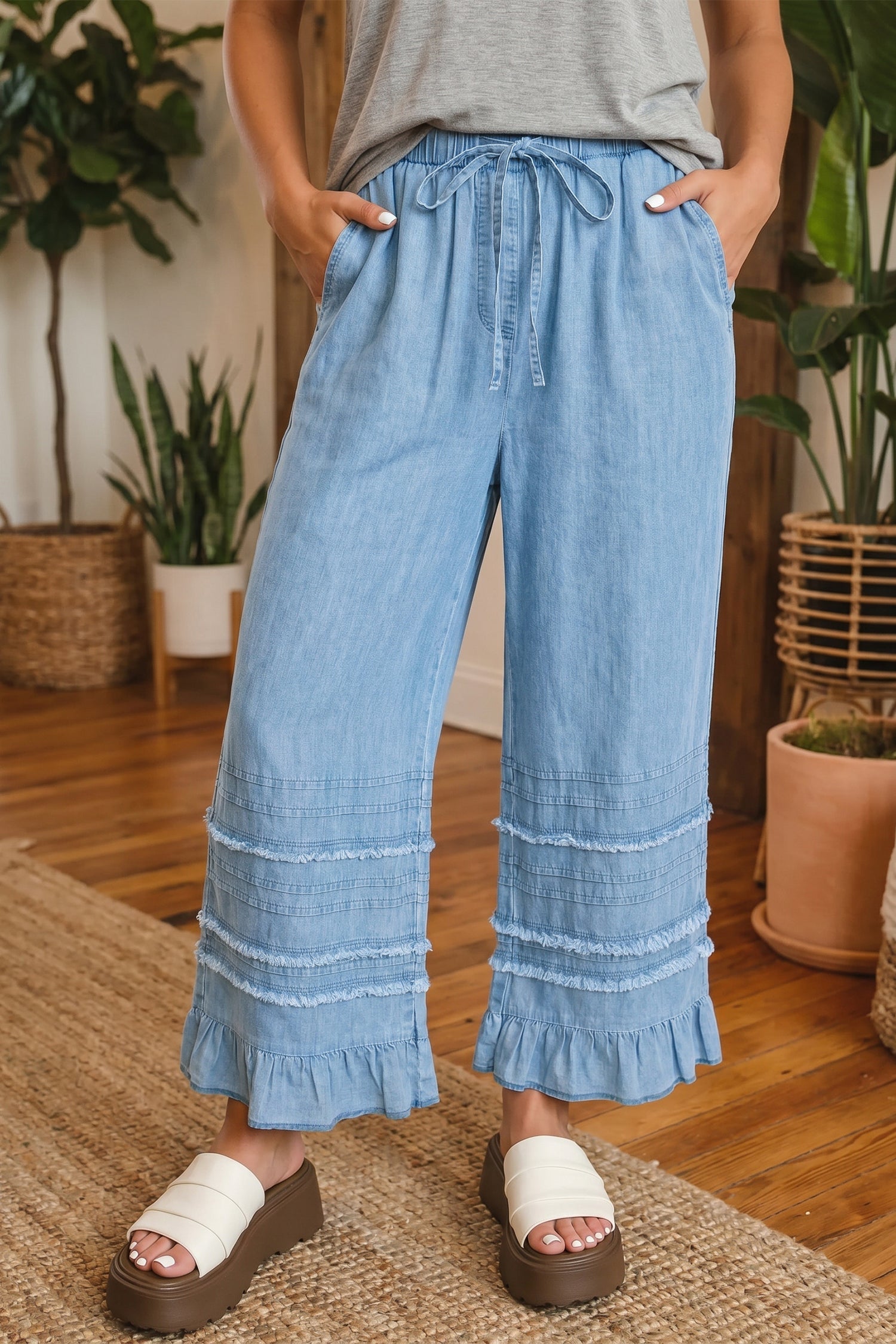 Everyday Ruffled Beau Blue Hem Wide-Leg Chambray Pants