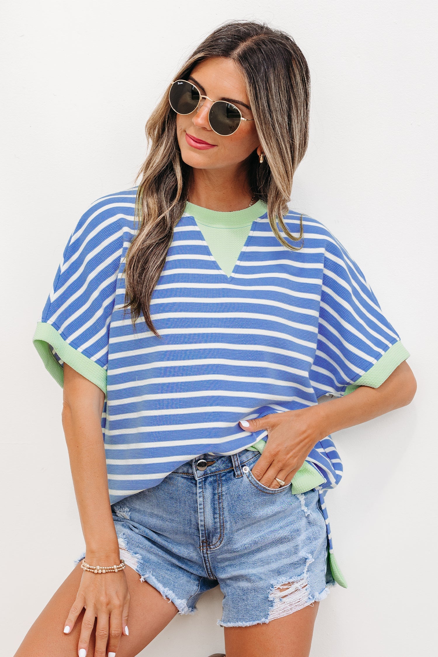 Everyday Sky Blue Stripe Loose Short-Sleeved Top