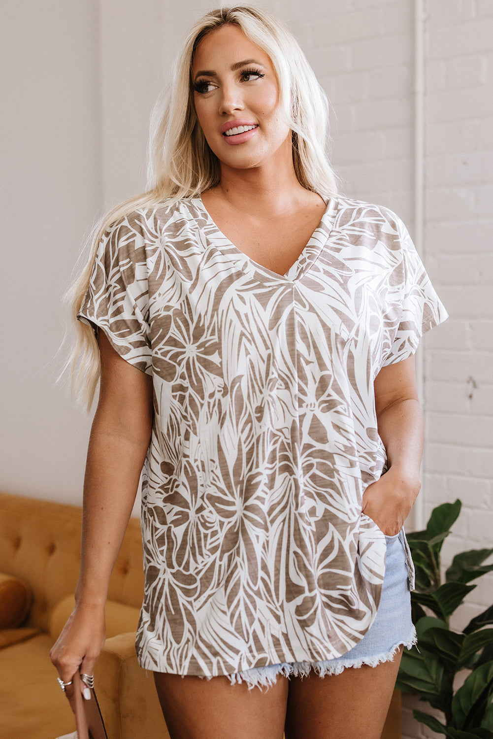 Floral Print V Neck Short Sleeve Loose Fit Blouse