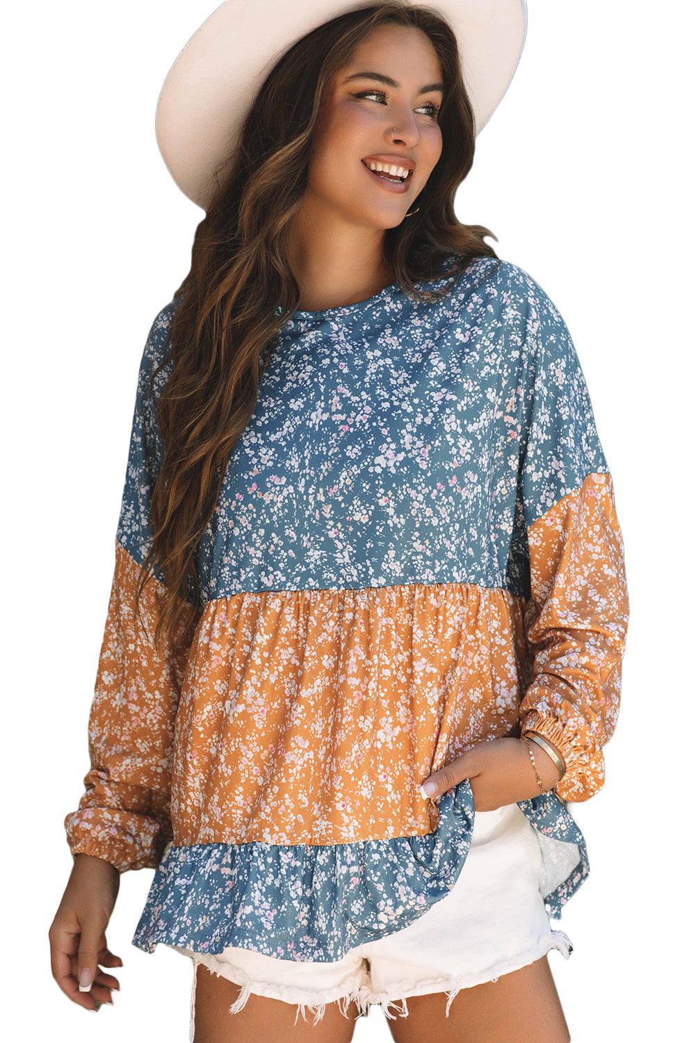 Floral Color Block Patchwork Ruffled Hem Round Neck Blouse