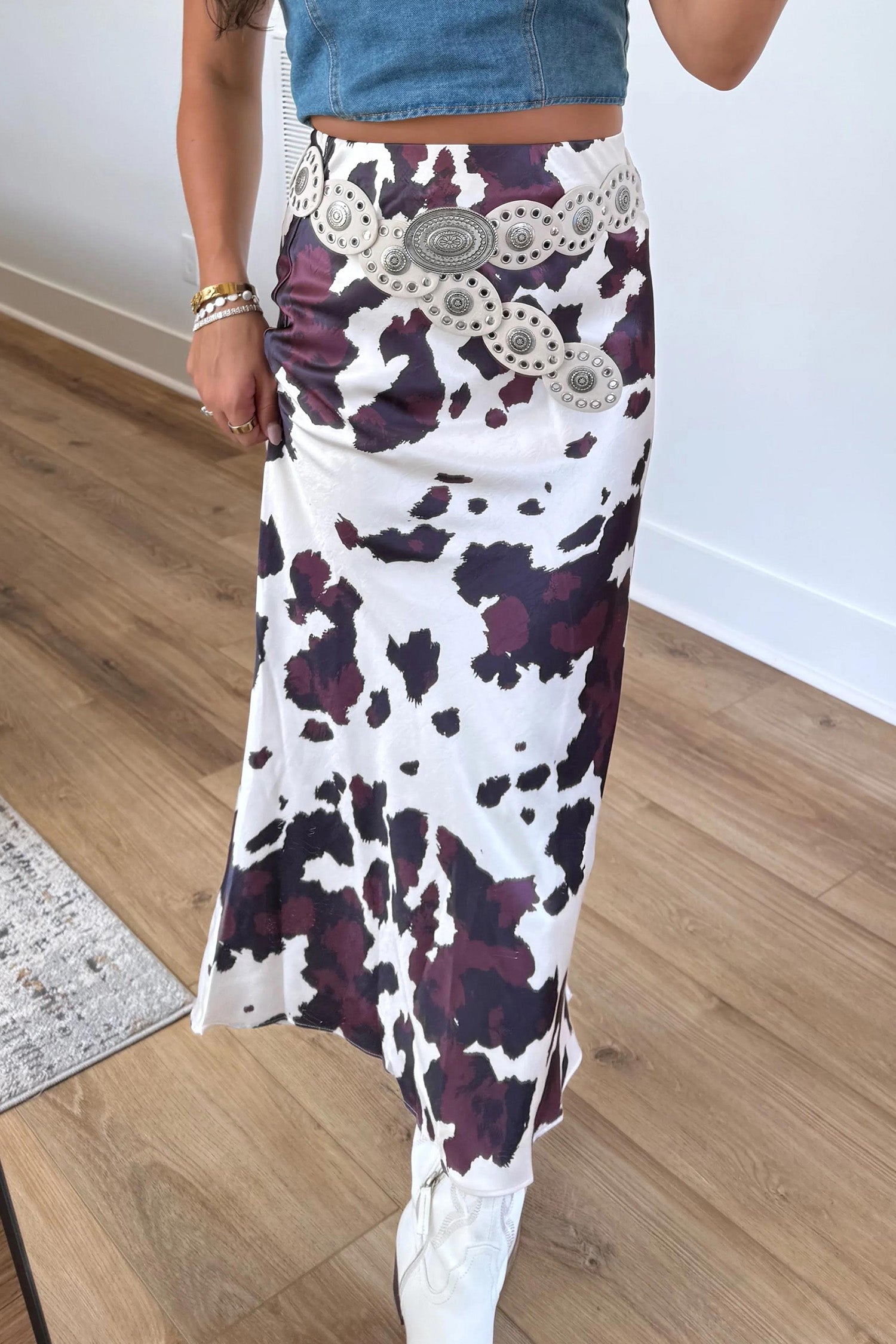 Abstract Long Print Western Metal Zip-Front Waist Daily Wear Skirt in Brown