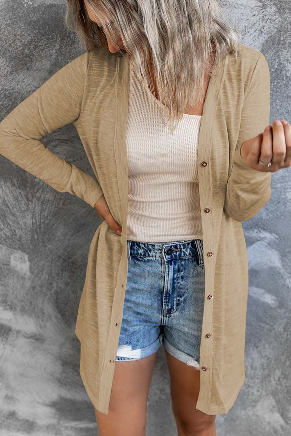 Women's Cardigan with Open-Front Buttons Brown Solid Color