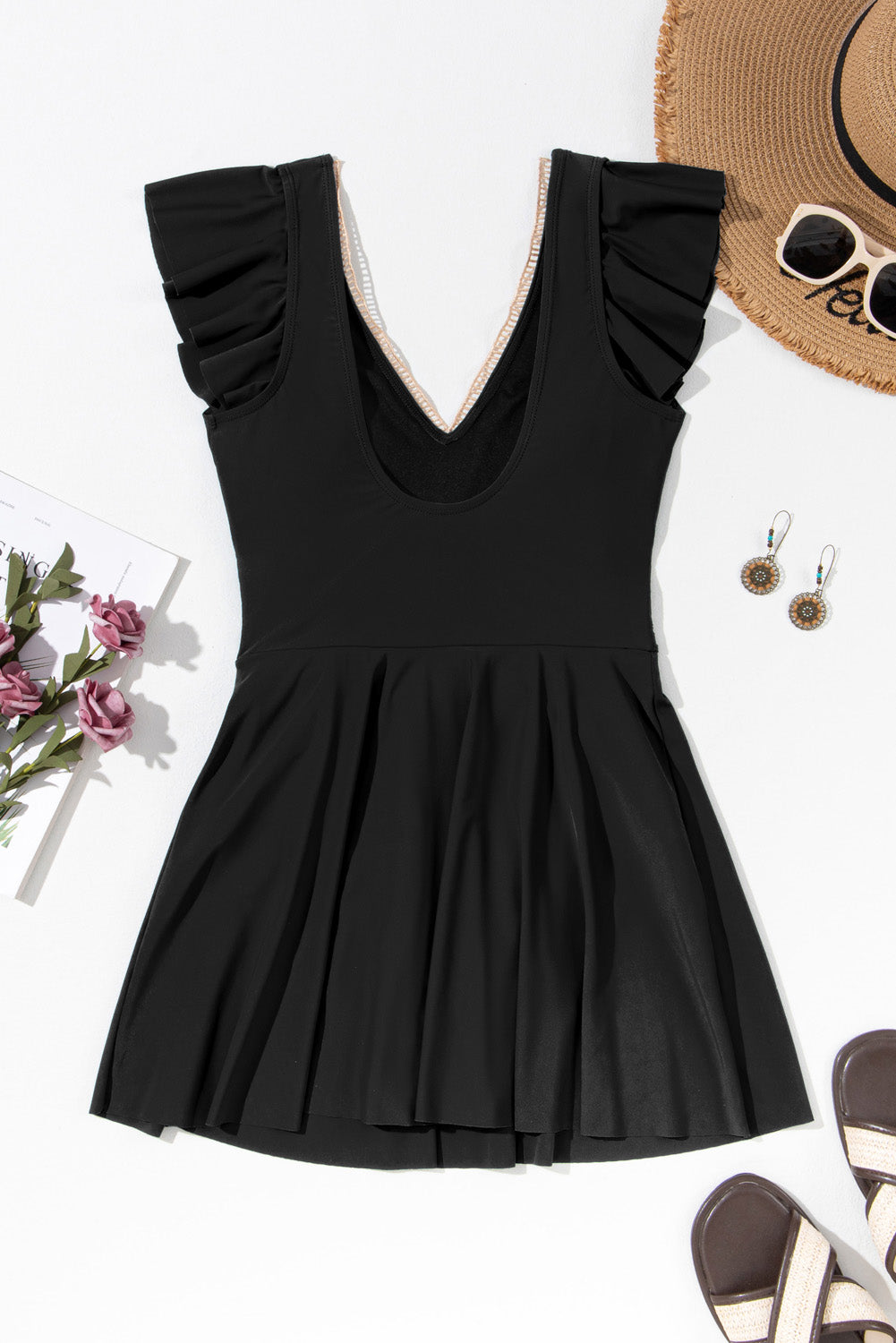 Ruffled Short-Sleeved Lace Trim V-Neck One Piece Swim Dress in Black