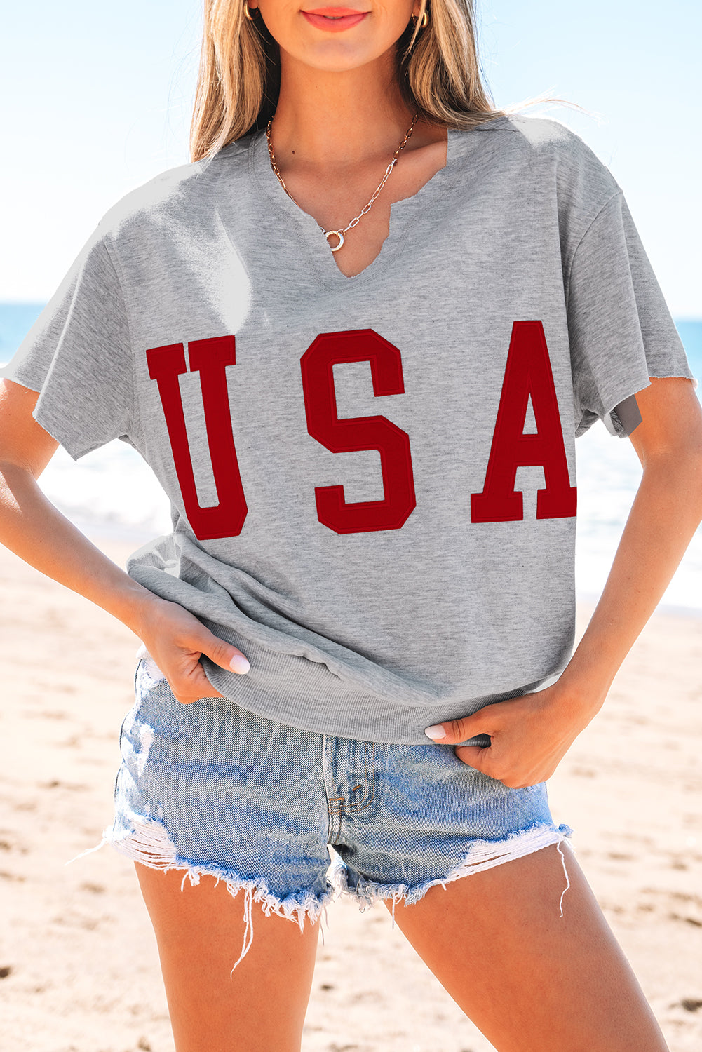 Grey USA Lettering Patch Notched Neck Loose Tee