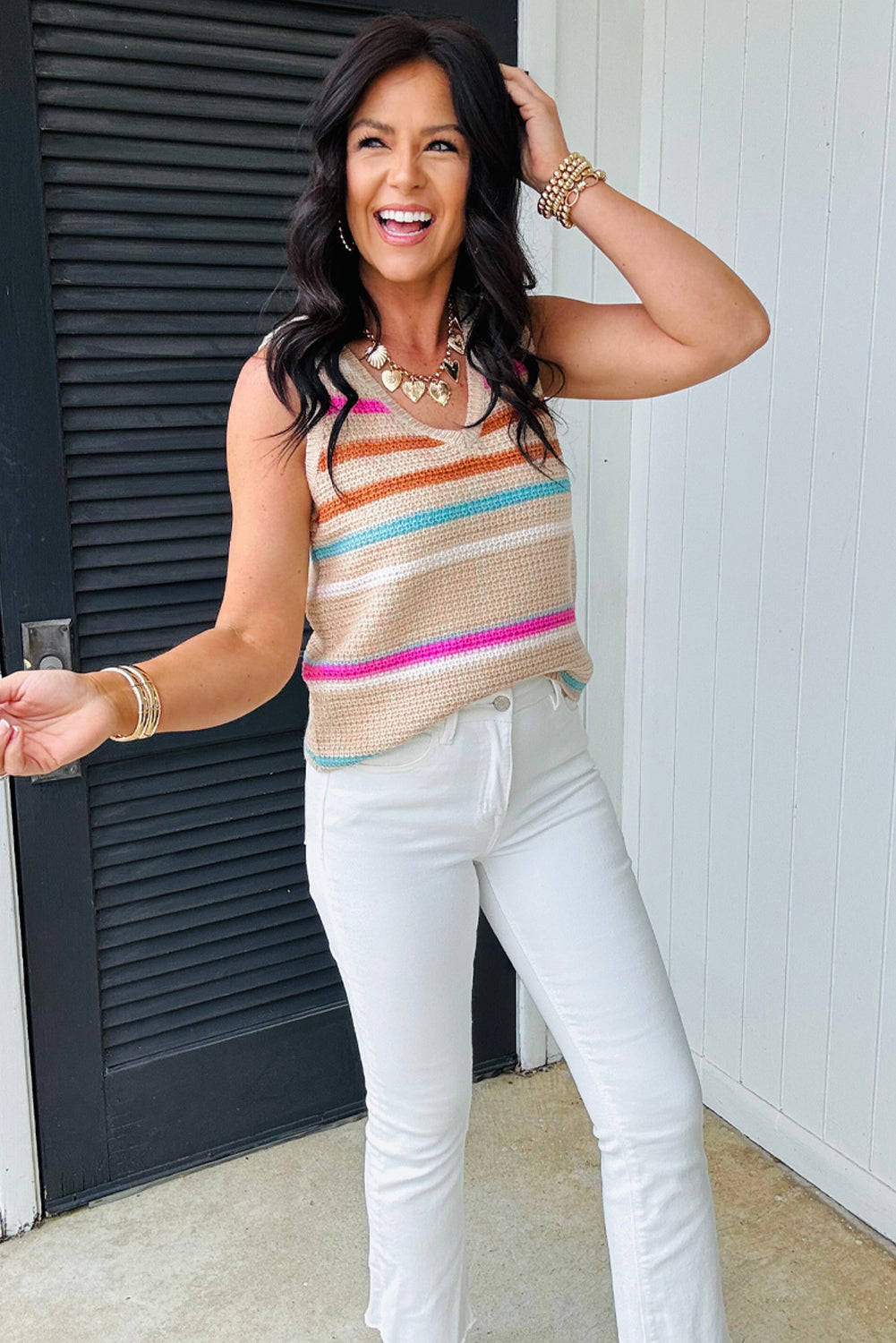 V-Neck Textured Knit Knit Top Vest