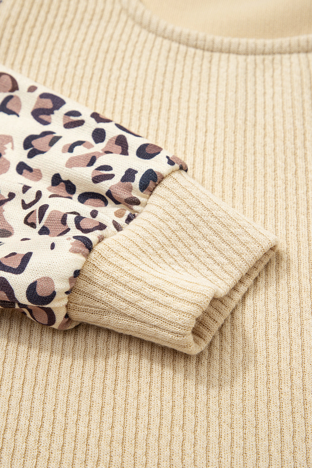 Leopard Sleeve Patchwork Rib-Knit Knit U Neck Top