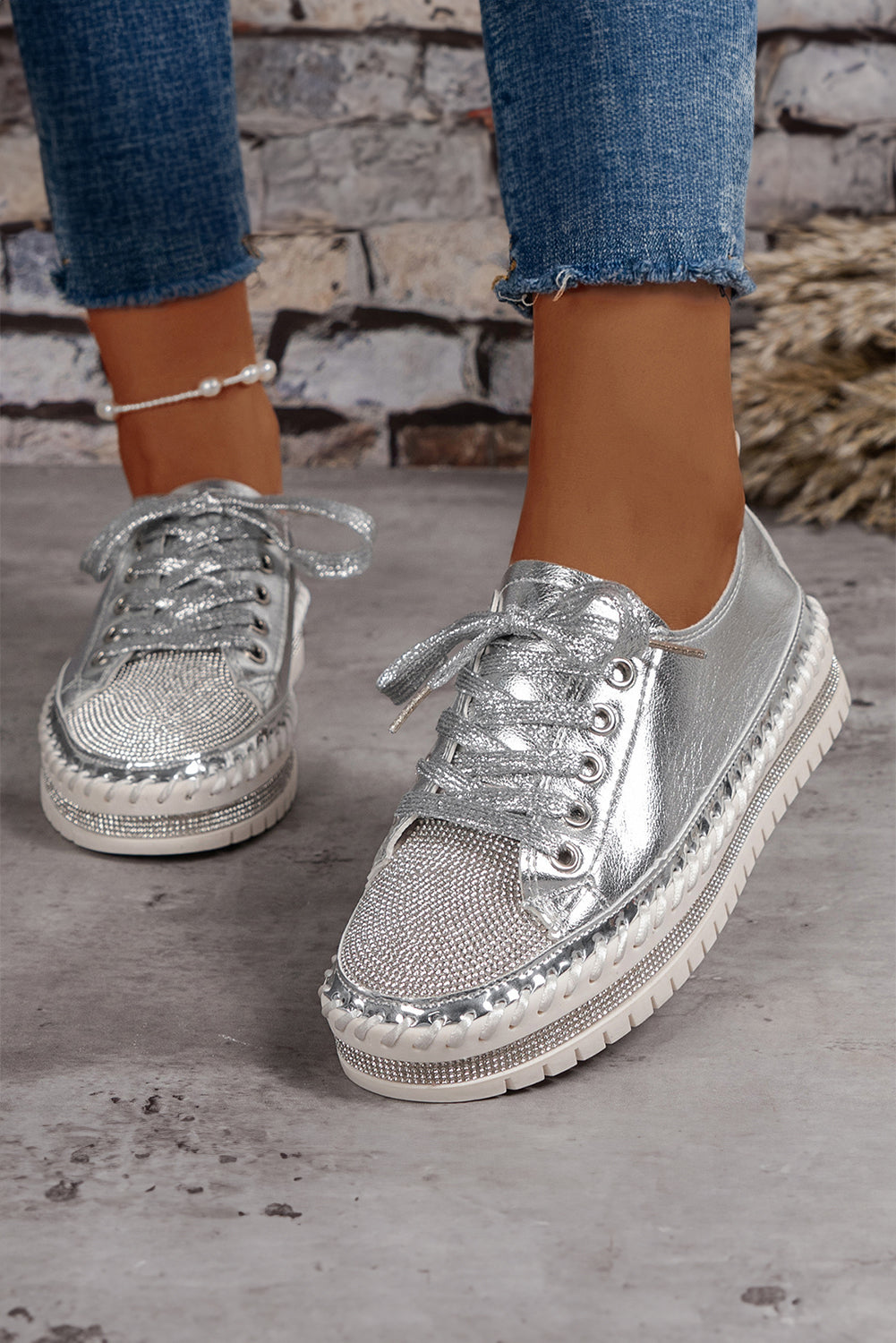 Rhinestone Metallic Sheen Lace-up Flat Shoes