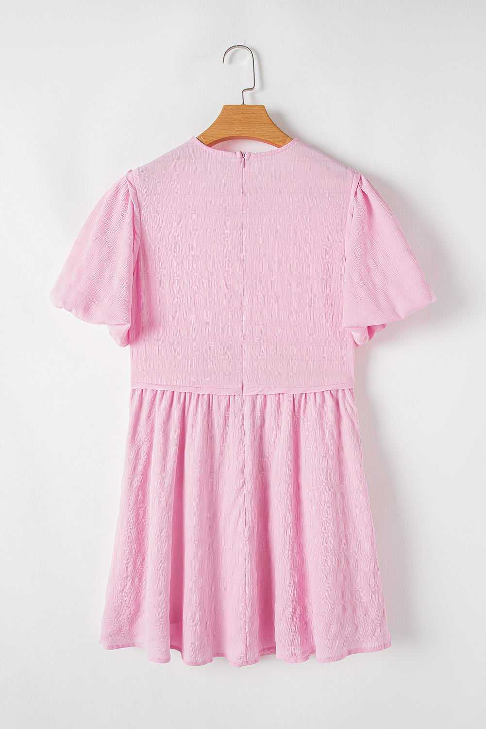 Pink Textured Bubble Sleeve High Waist Mini Dress