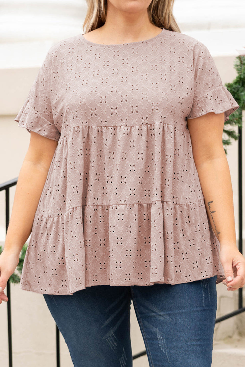 Babydoll Top for Women Plus Size Eyelet Pattern Ruffle-Trimmed Sleeve