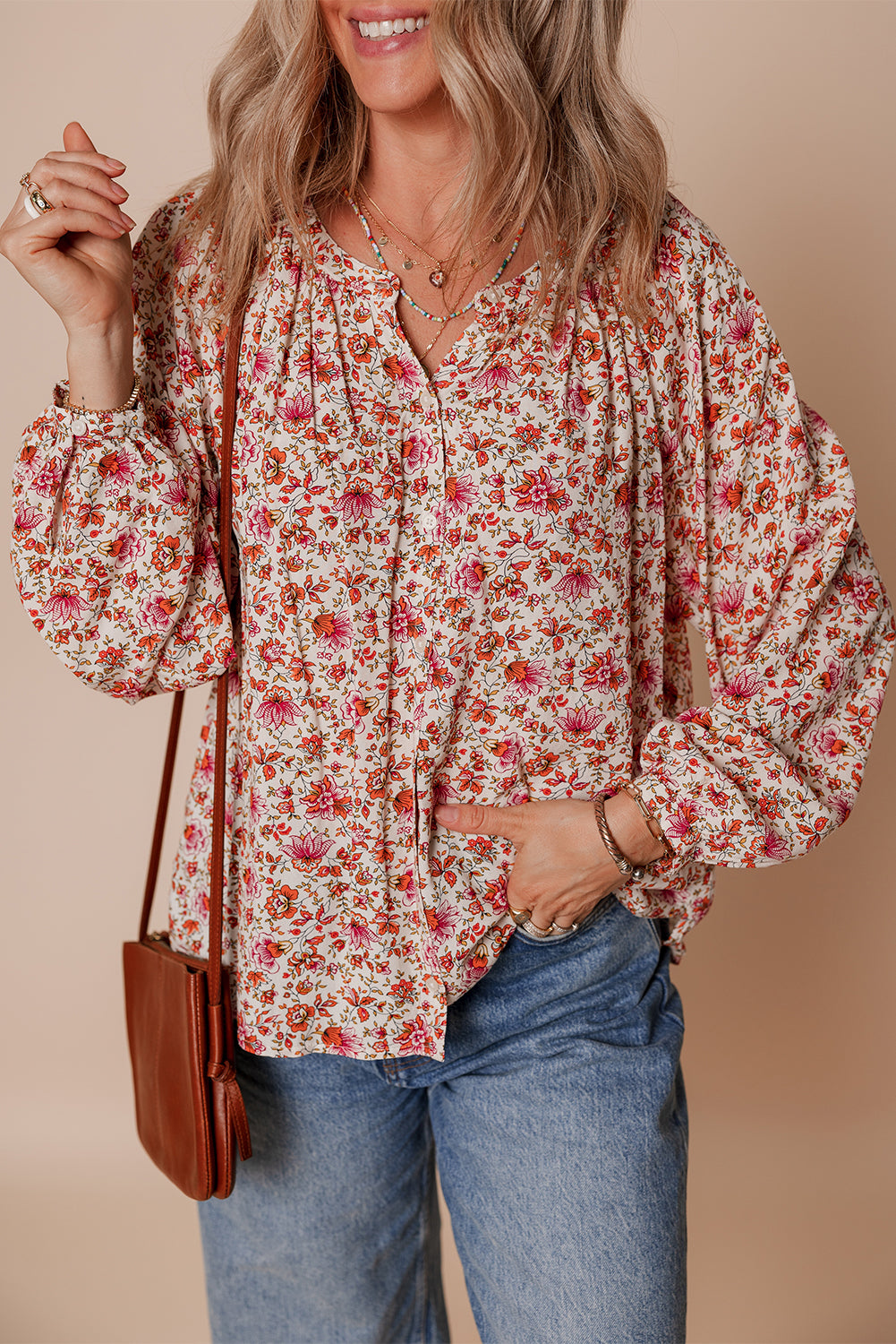 Floral-Print Notched Pleated Detail Neck Puff Sleeve Blouse