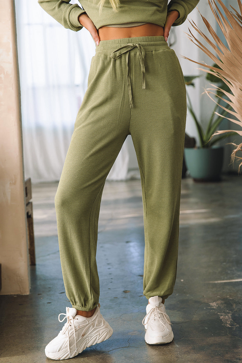Women's Waffle Knitted Top Drawcord Joggers Set