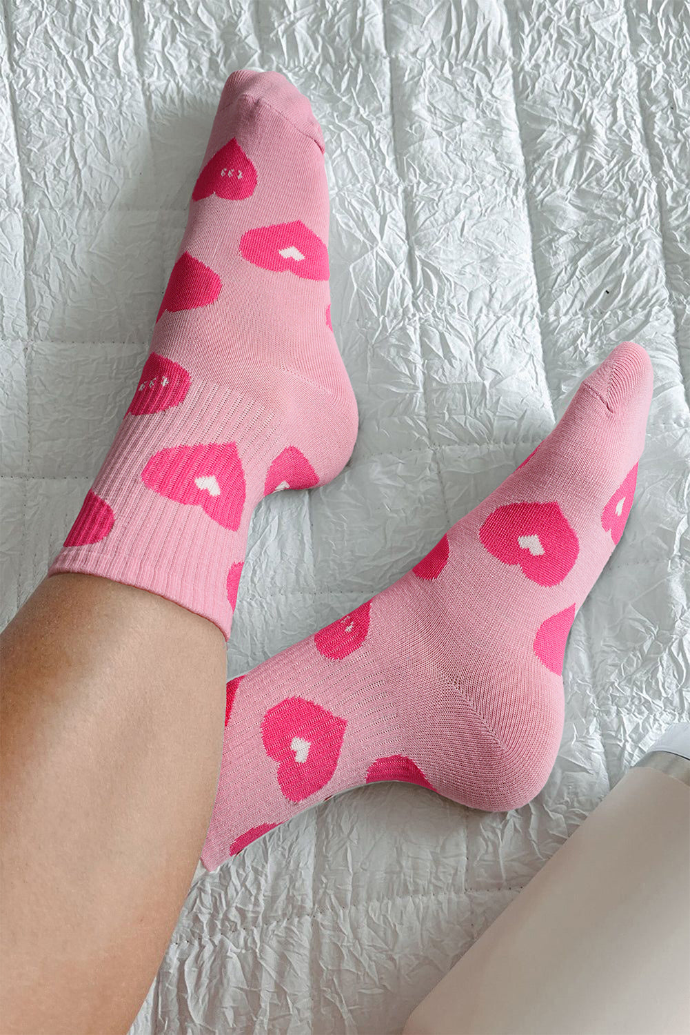 Heart Trim Print Rib-Knit Soft Crew Socks