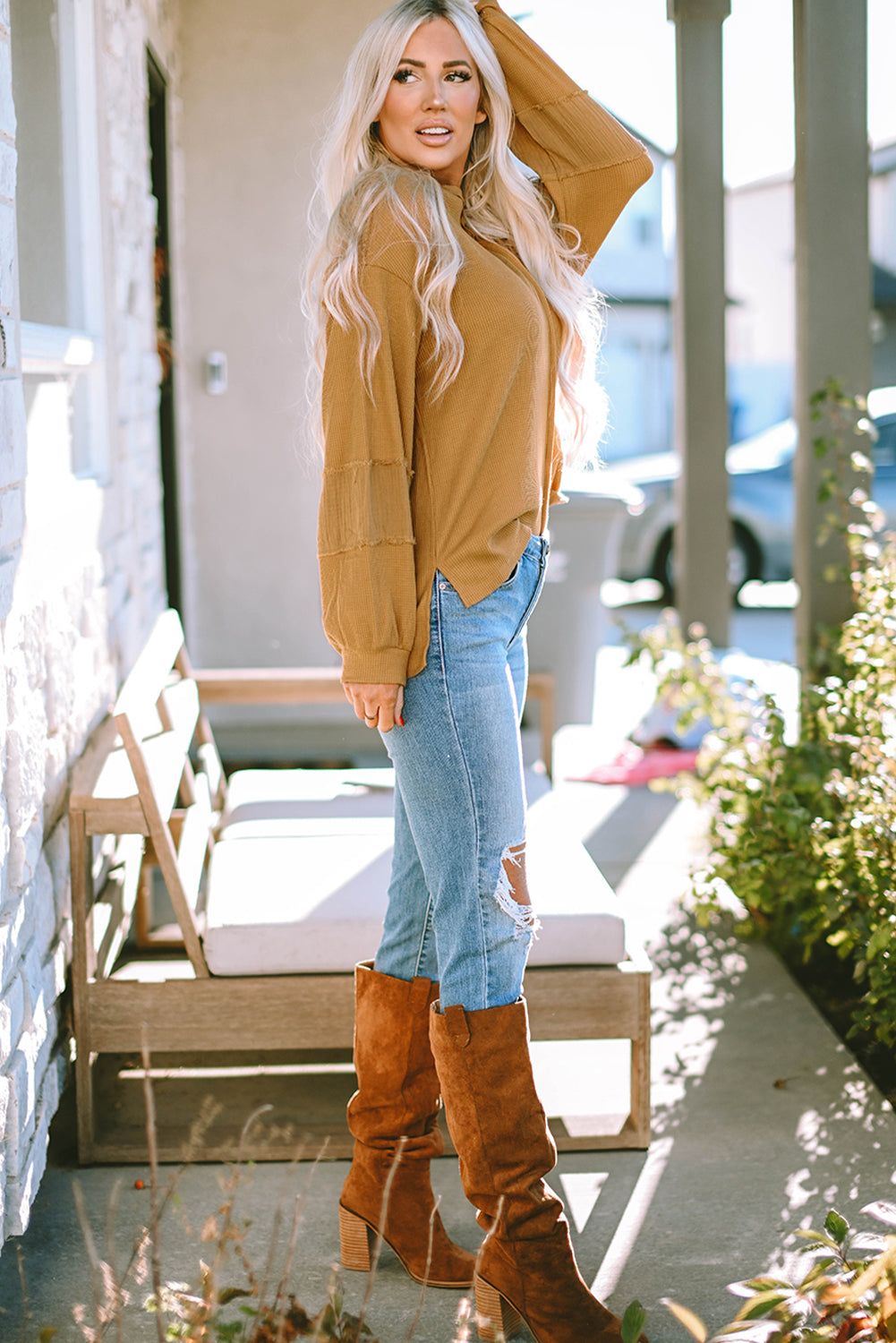 Women's Knit Top Featuring Bubble Sleeve Waffle