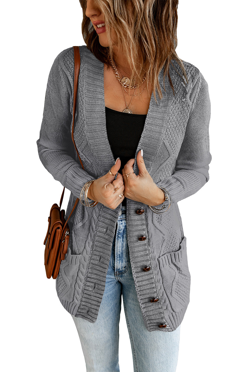 Cardigan gris foncé avec poche avant et fermeture à boutons