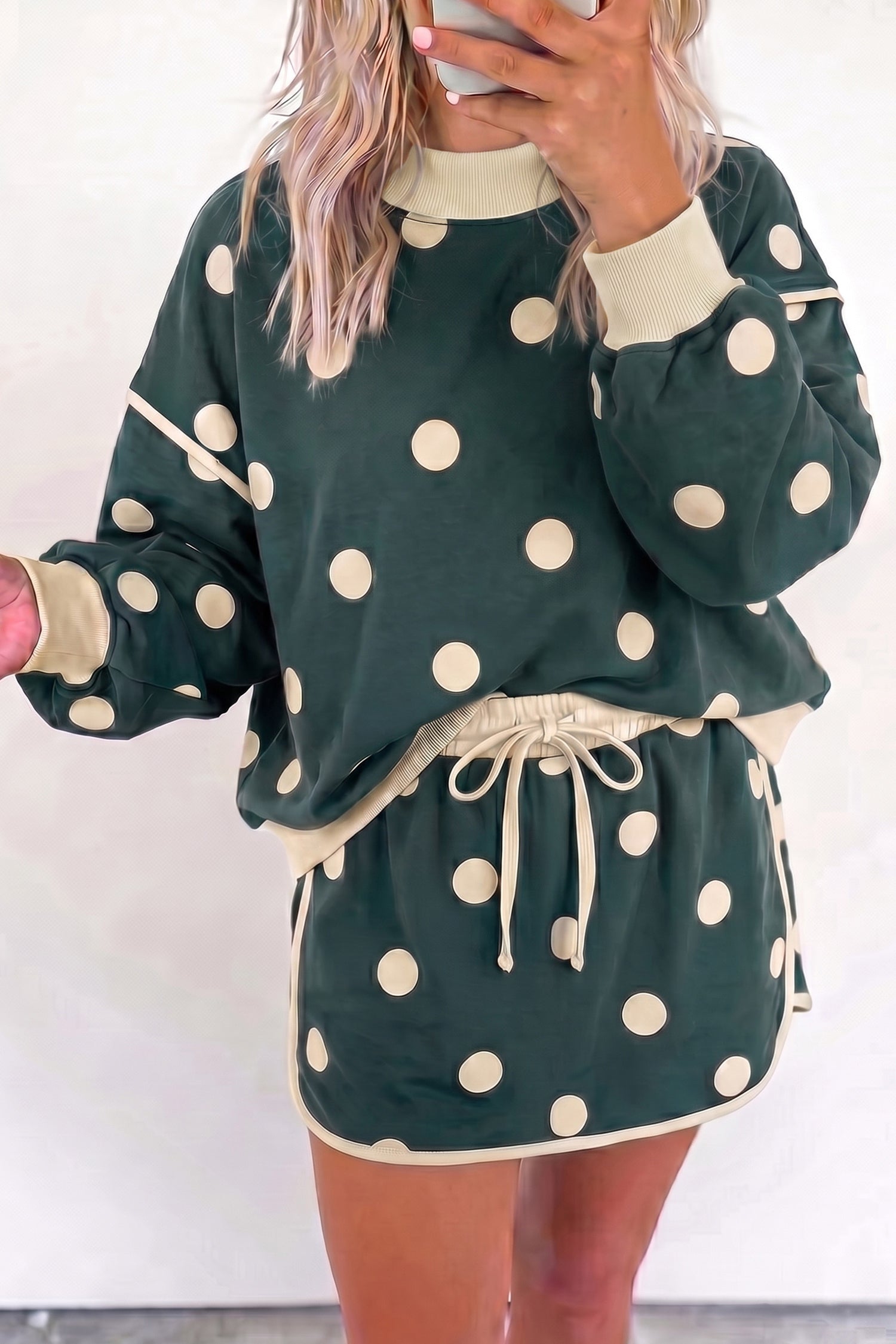 Trim Polka-Dot Print Baggy Pullover Drawcord Skirt 2-Piece Outfit in Green