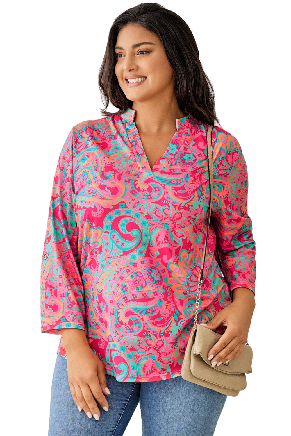 Women's Plus Size Paisley Print V Neck Roll Tab Sleeve Blouse