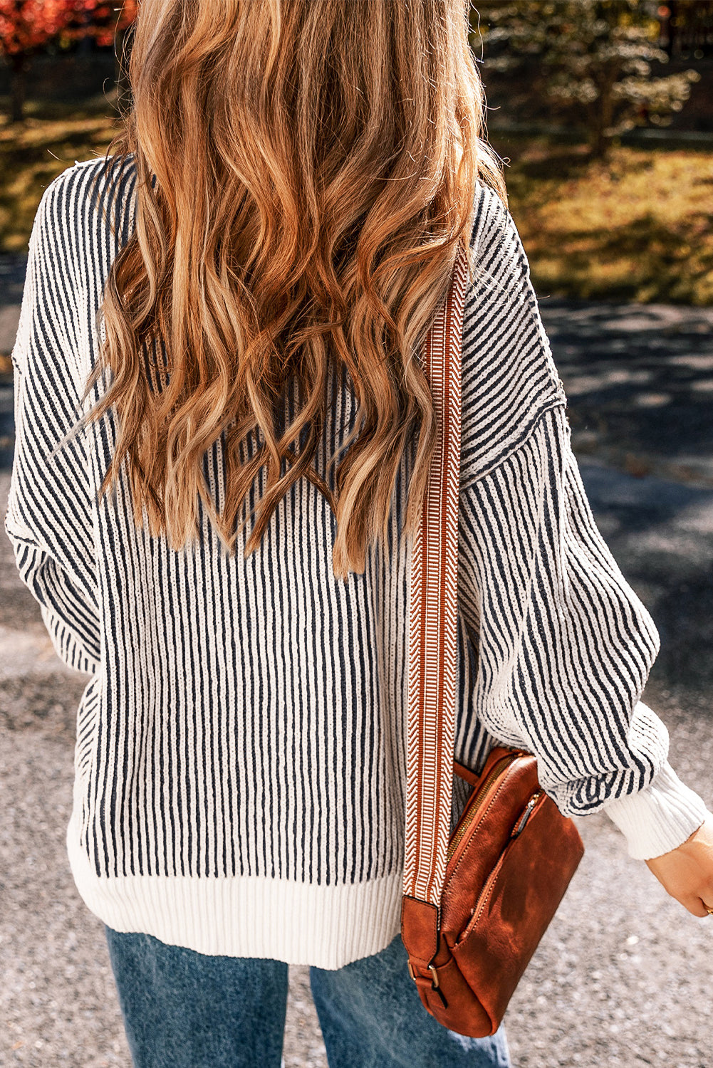 Knit Striped Textured Contrast Edge Loose Knit Top