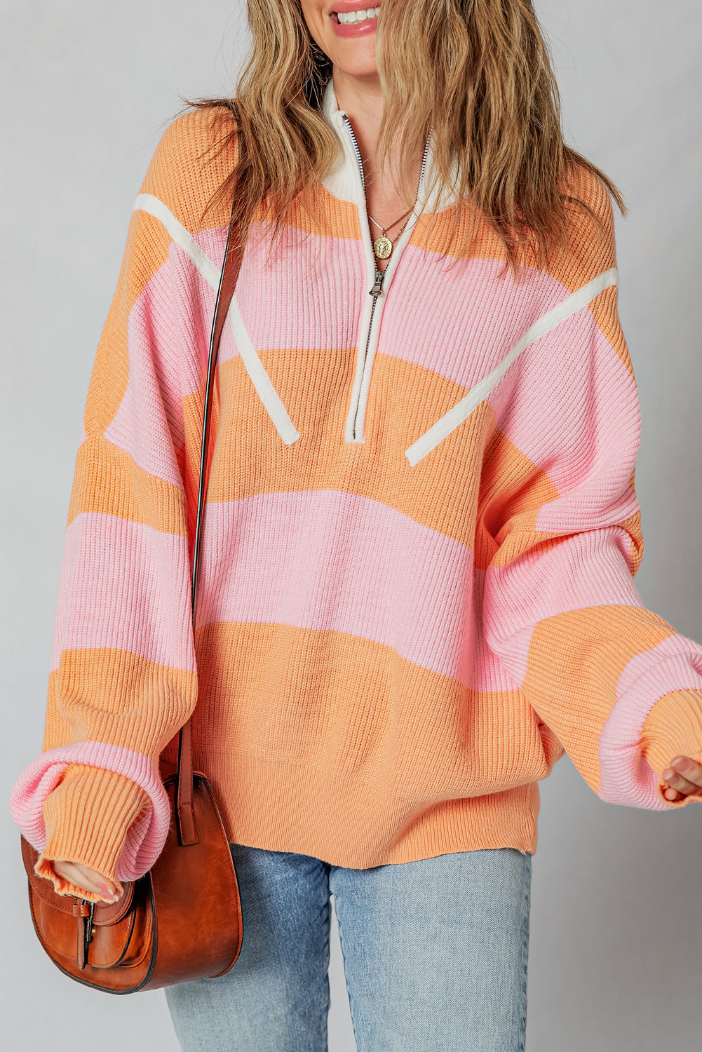 Half Zip Colorblock Zip Oversize Knit Top in Orange