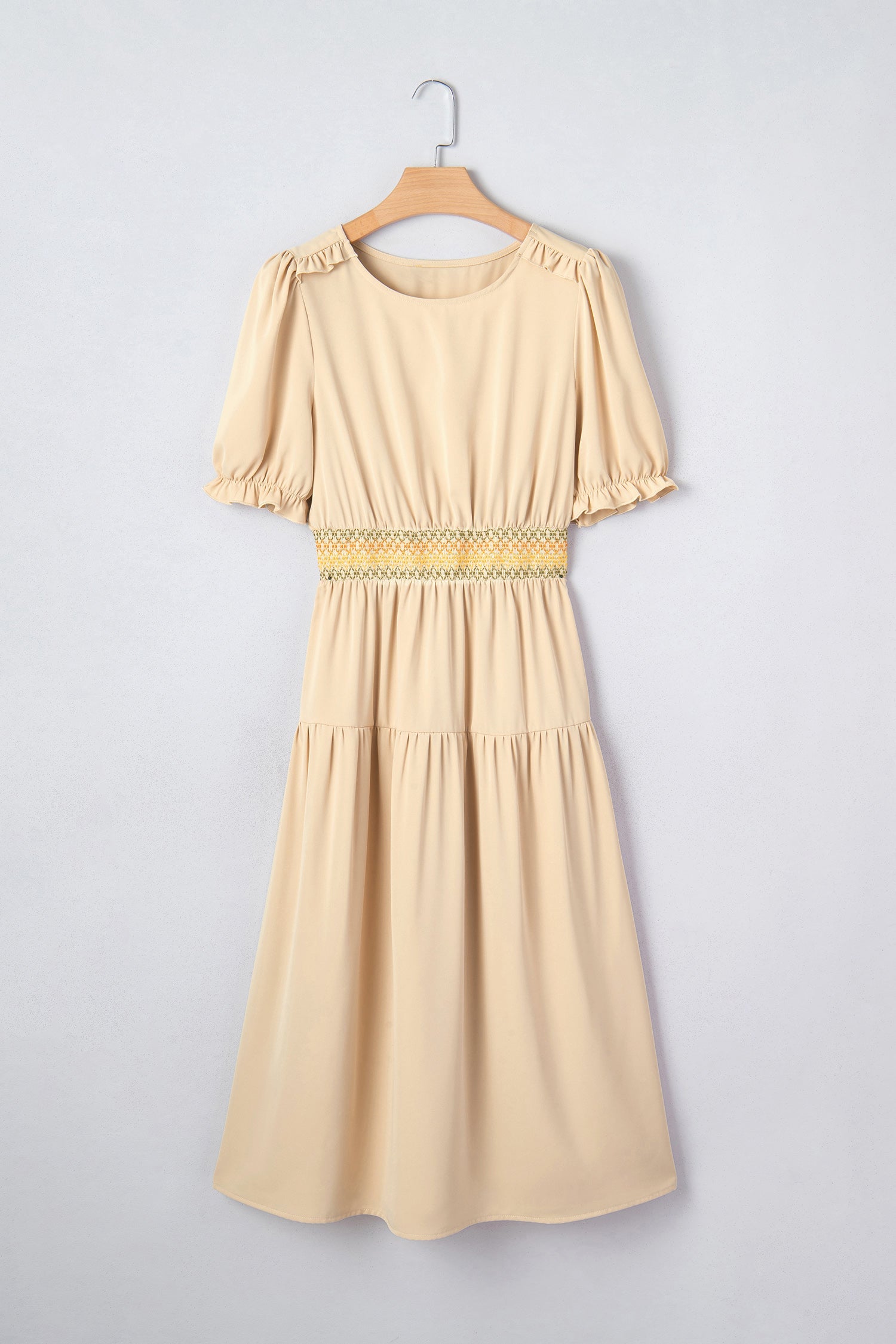 Waist Short-Sleeved Elastic Short-Sleeved Midi Dress in Apricot