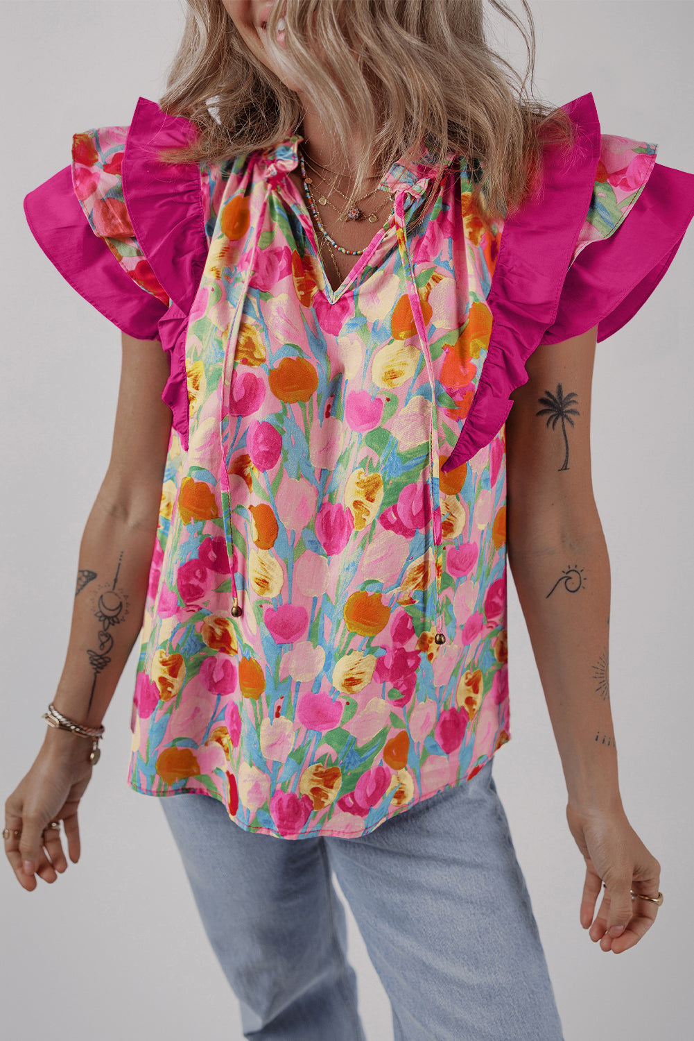 Pink Floral Layered Ruffle Flutter Sleeve Blouse