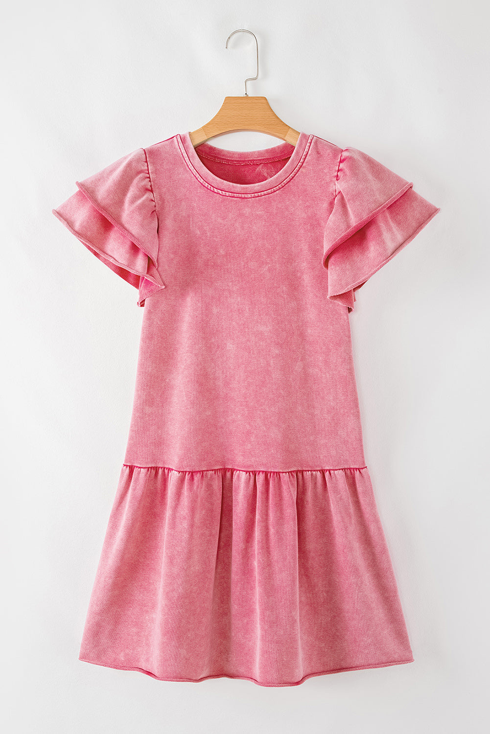 Pink Mineral Wash Raw Edge Ruffle Mini Dress