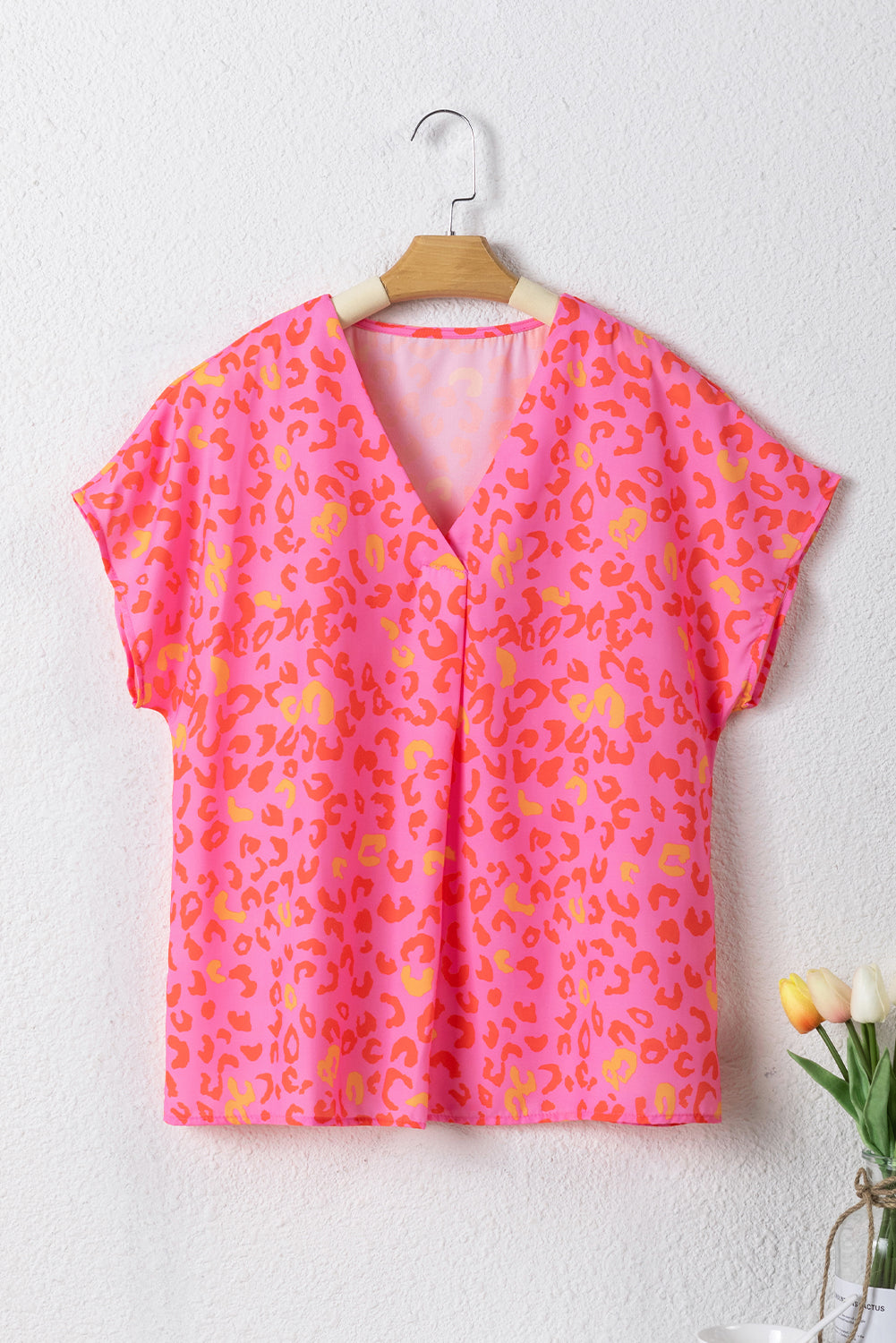 Women's Blouse Featuring Short-Sleeve Leopard-Print V Neck
