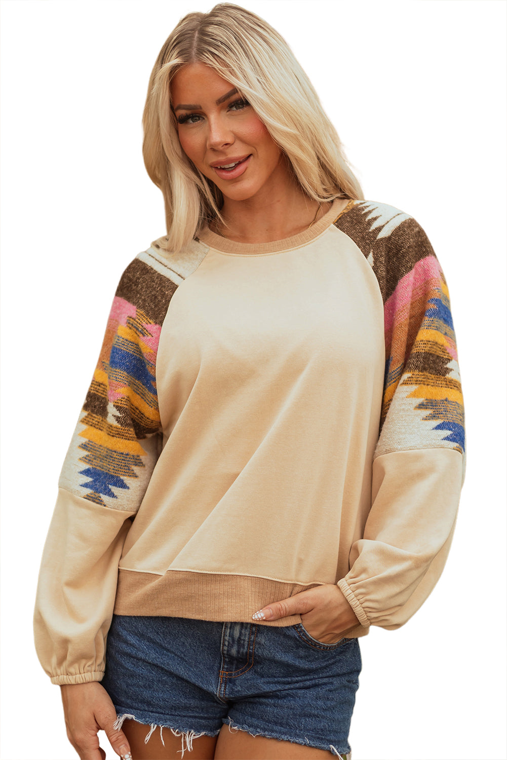 Aztec Patchwork Raglan Pullover Sweatshirt