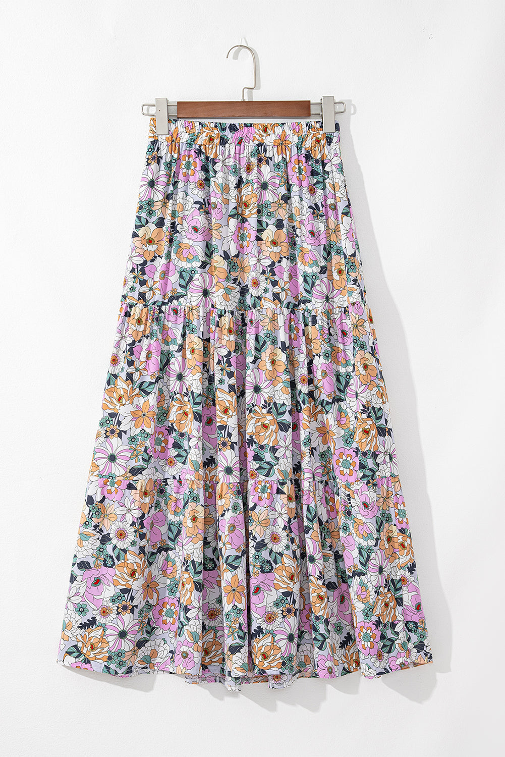 Bohemian Maxi Floral-Print Tiered Skirt with Split in Sky Blue