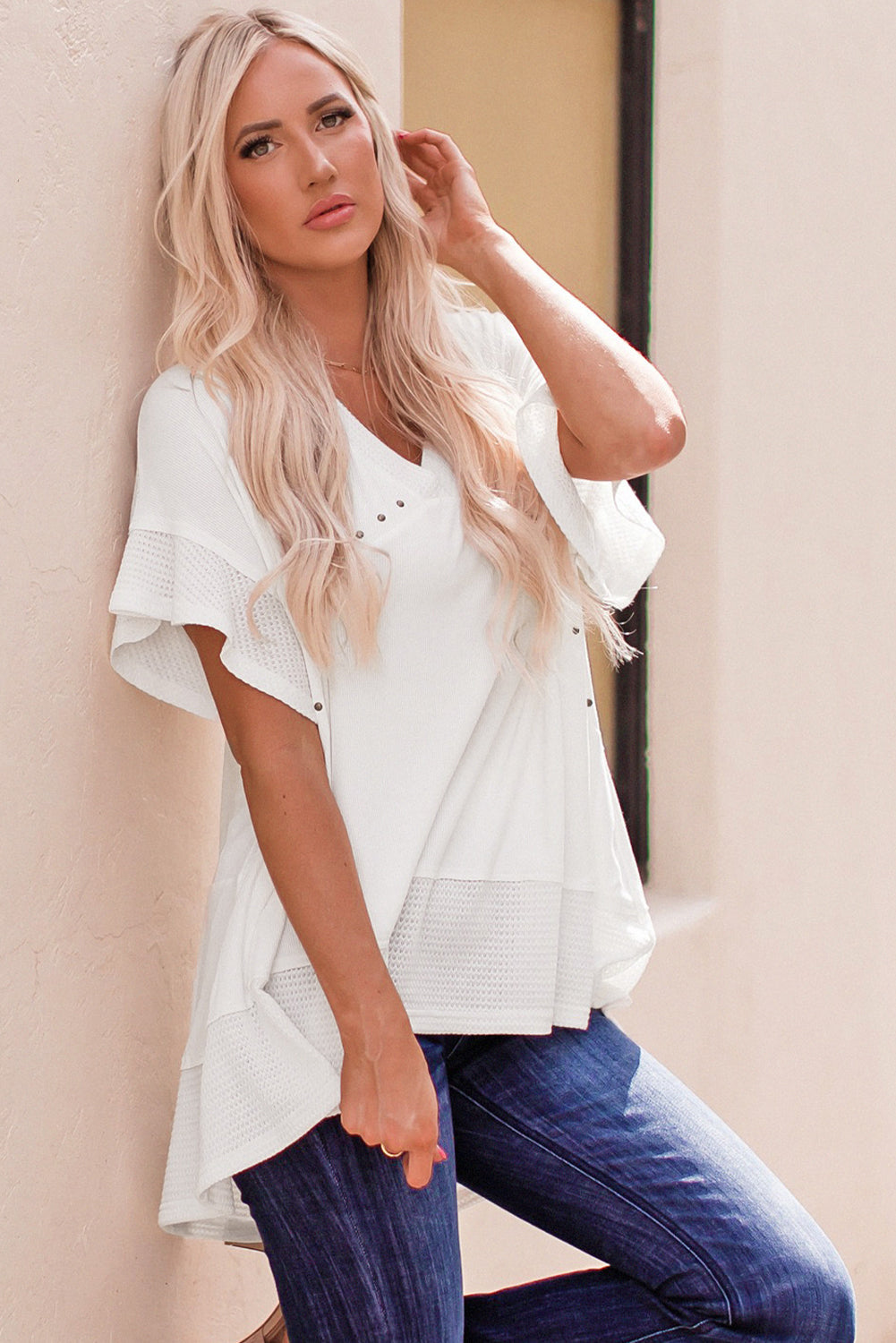 Women's Blouse with White Knitted Splicing Studded