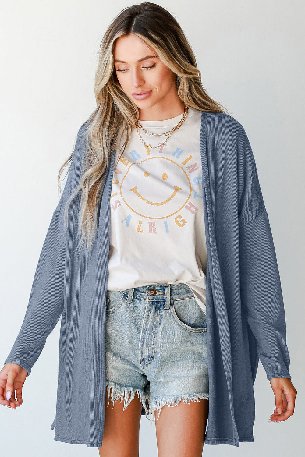 Solid Rib-Knit Open-Front Tunic Cardigan in Ashleigh Blue