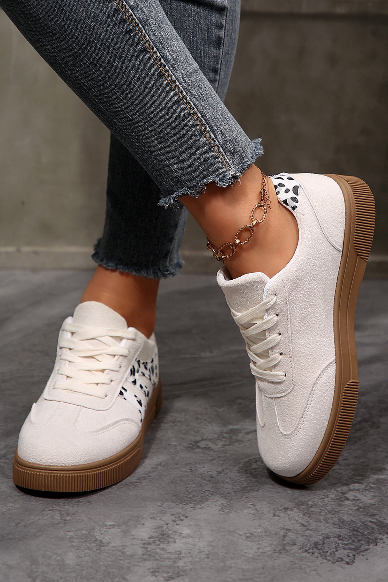Suede Leopard Colorblock Trim Lace-up Everyday Shoes in White
