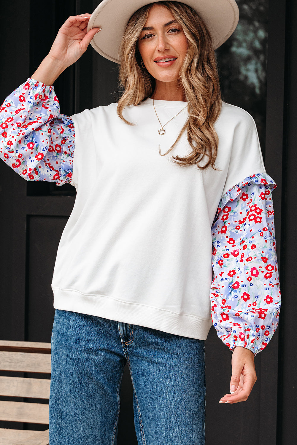 Ruffled Balloon Floral Balloon Sleeve Patchwork Loose Blouse