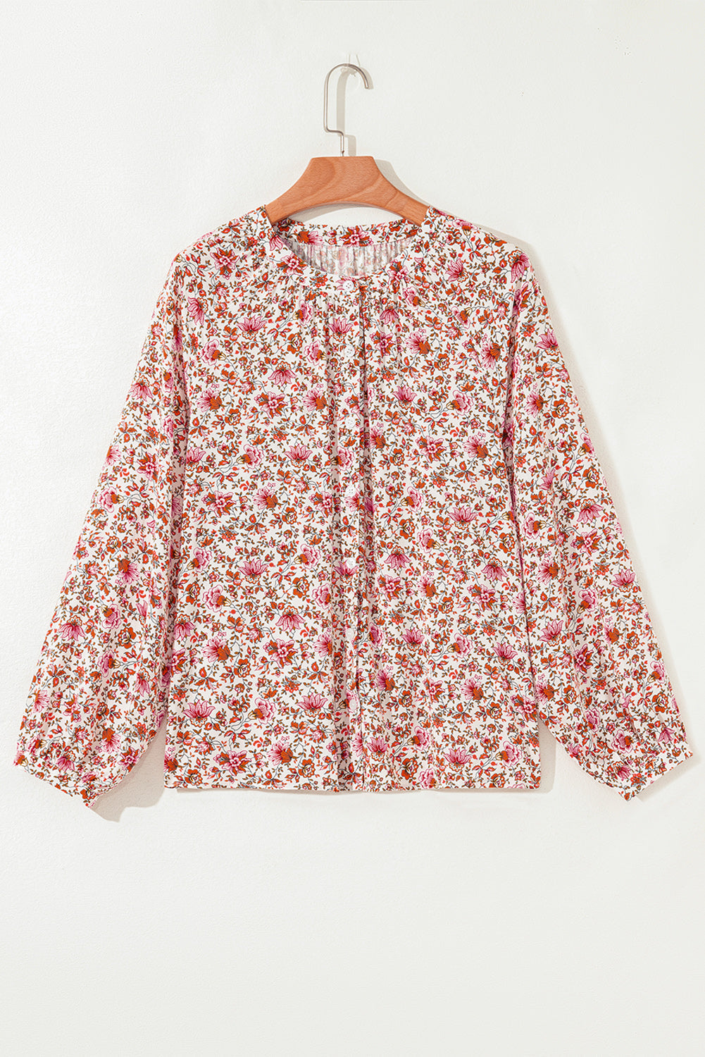 Floral-Print Notched Pleated Detail Neck Puff Sleeve Blouse
