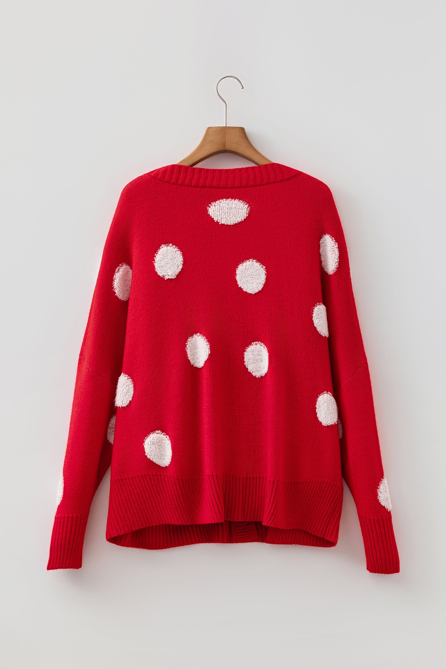 Front Polka-Dot Button Roomy V-Neck Cardigan in Red