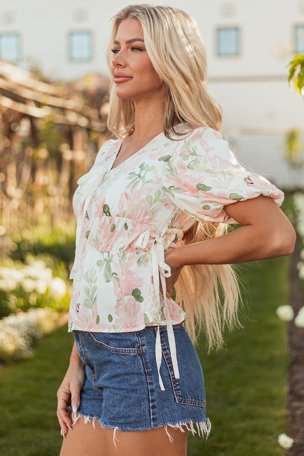 Floral V-Neck Puff Sleeve Tied Front Peplum Blouse