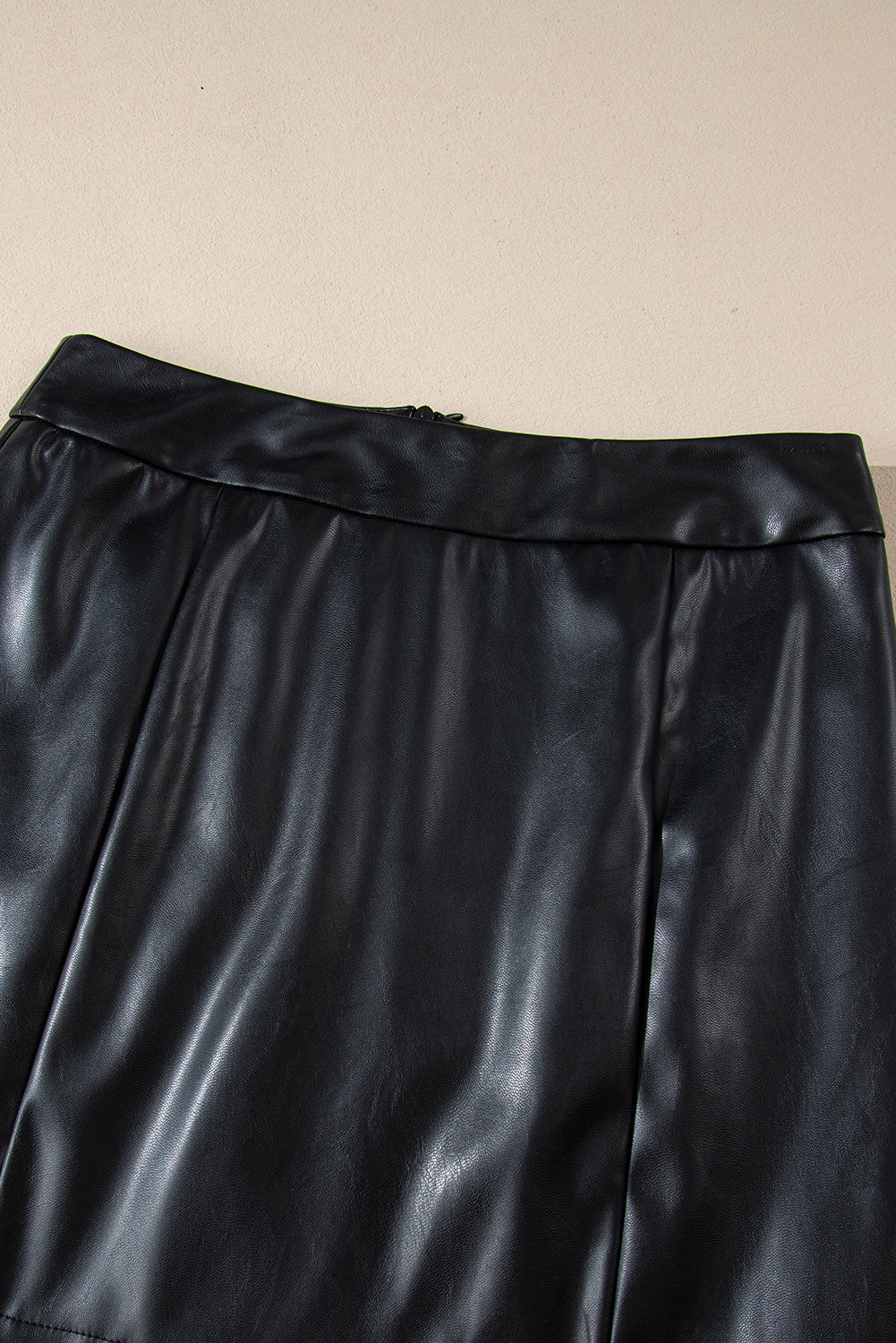 Leather Side PU Side Slits Slim Fit High-Waisted Mini Skirt in Black