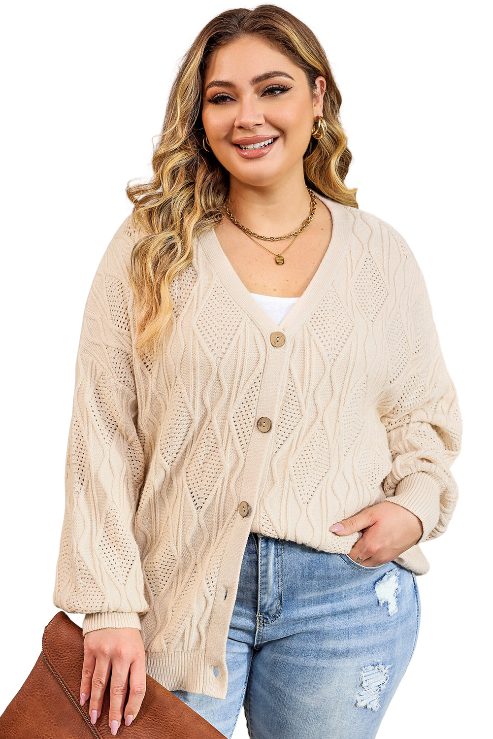 Cardigan Boutonné Creux en Tricot de Grande Taille