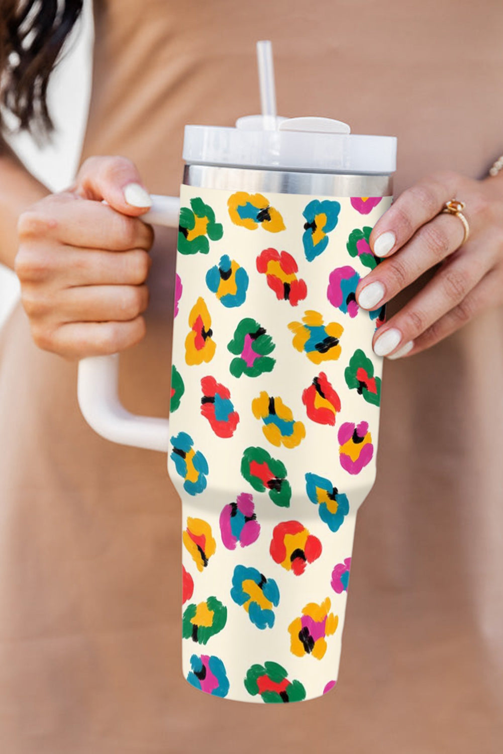 Leopard-Print Multi Color Handle Stainless Tumbler 40oz