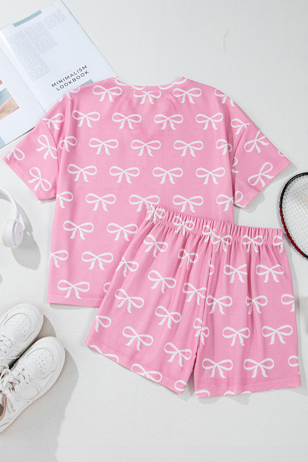 Waffle Printed Knit Bowknot V-Neck T Shirt and Shorts Set