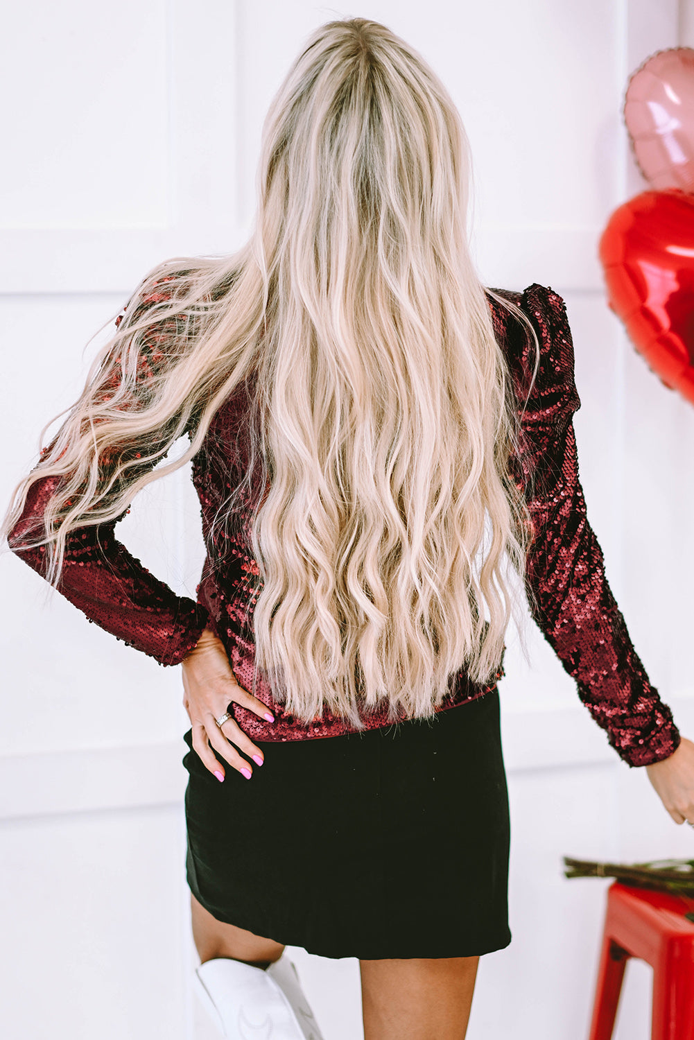 Women's Bubble Sleeve Sequin Mock Neck Top