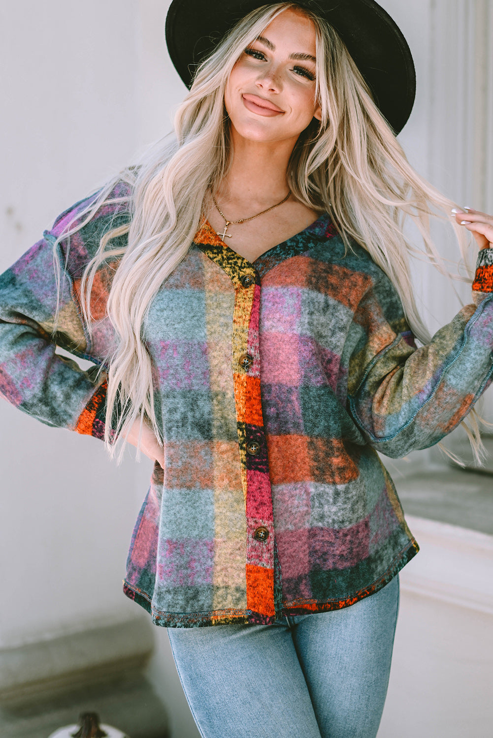 Jacket for Women Button-Front Block Brushed Checked Western