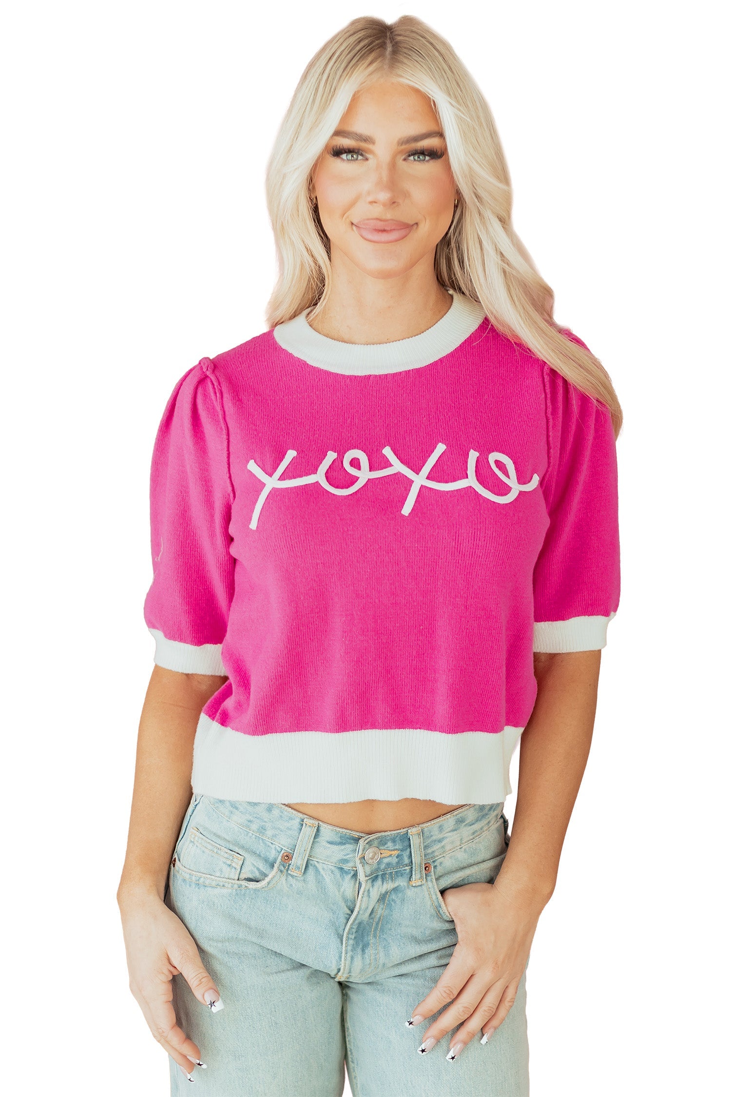 Graphic XOXO Embroidered Valentines Contrast Trim Crew-Neck Short Puff Sleeve Knit Top Tee
