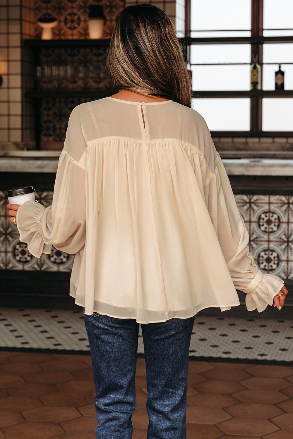 Pleated Ruffle Long-Sleeved Chiffon Blouse